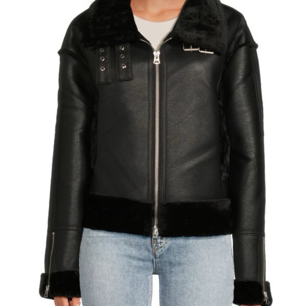 Hudson Jeans Black Leather Jacket with Fur Accents